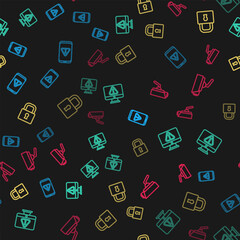 Poster - set line mobile with exclamation mark, monitor, lock and security camera on seamless pattern. vector