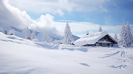 Wall Mural - copy space, stockphoto, amazing swiss winter landscape with amazing lot of snow, snow covered pine trees, small typical wooden barn. Beautiful design for a calendar. Winter wonder landscape is Austria