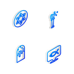 Sticker - Set Isometric line Aspergillum, Star of David, Easter cake and Christian fish icon. Vector