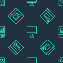 Poster - Set line Computer monitor screen, Browser files and Books about programming on seamless pattern. Vector