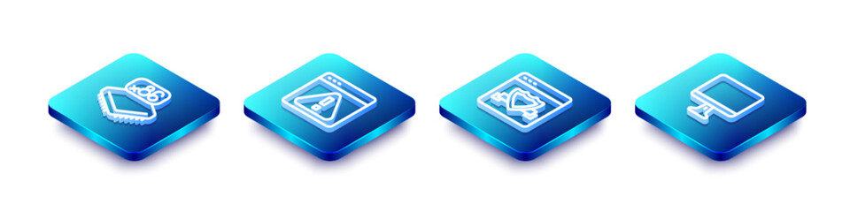 Poster - Set Isometric line Processor with microcircuits CPU, Browser exclamation mark, shield and Computer monitor screen icon. Vector