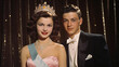 young couple prom king and queen, vintage photo in front of gold curtain 1940, 1950
