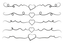 Filigree Curly Calligraphic Heart, Fancy Line Flourishes Swirls Hearts, Curve Romantic Love Separator, Valentines Day Divider Flourish Swirl, Calligraphy Flourish Lettering Header Hearts Scroll 
