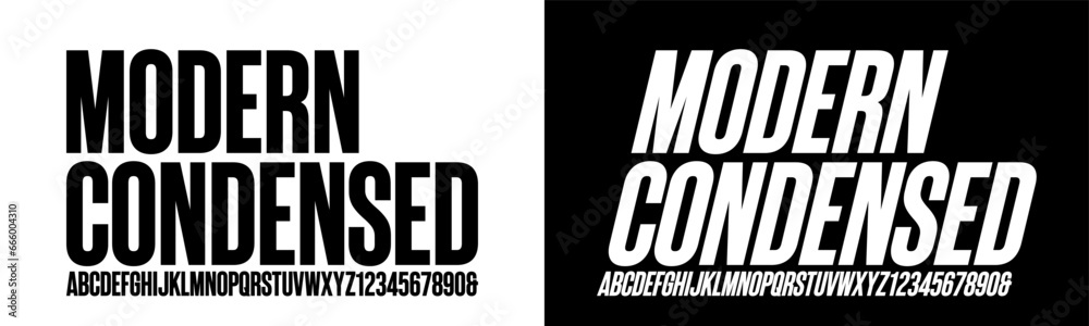 Modern Condensed Font. Alphabet Upper case . Number Ampersand Typography urban style condensed fonts  for fashion, sport, technology, digital, music, movie, logo design, vector illustration
