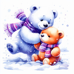 Two cute watercolor bears playing in the snow. Generative AI