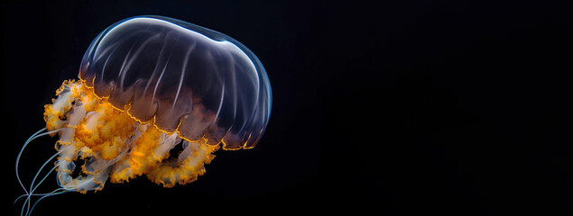 Wall Mural - Black sea nettle, Rare orange jellyfish, dark background. AI generated.