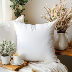 Blank white pillow on the couch mockup , Modern living room.