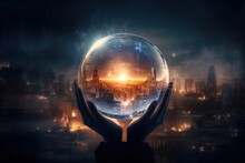 Human Hands Holding Glass Ball With Cityscape.