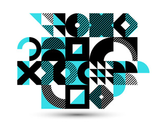 Poster - Abstract geometric stripy vector background isolated, linear shapes of circles and triangles pattern composition, creative art abstraction.