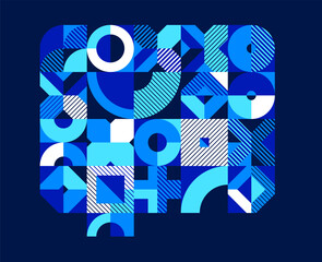 Poster - Abstract geometric stripy vector background over dark, linear shapes of circles and triangles pattern composition, creative art abstraction.