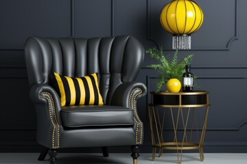 Wall Mural - A black and yellow striped chair with a yellow pillow, AI