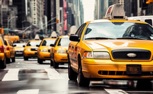 Yellow Cab Speeds Through Times Square In New York