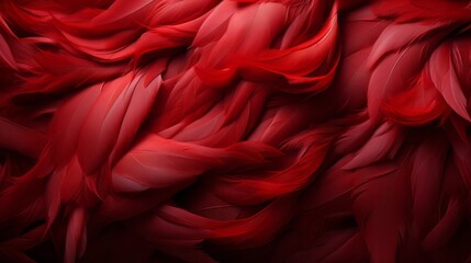 Poster - Vibrant red feathers dance against a soft peach backdrop, reminiscent of delicate carmine flowers blooming on a billowing fabric, evoking a sense of wild elegance and passion