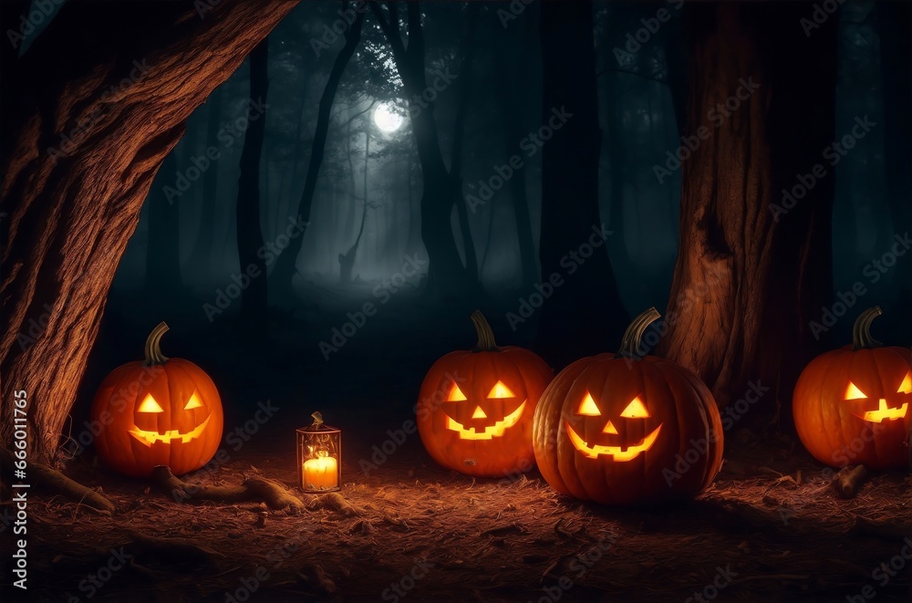 Mysterious Halloween in a foggy forest with glowing jack-o-lanterns and ...