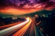 blurry road with traffic, fast car under night sky. Generative AI