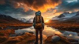 Fototapeta Sawanna - Hiker with a backpack standing at the edge of a mountain lake and looking at the beautiful sunset