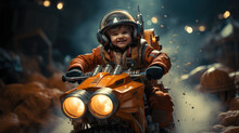 Astronaut Riding A Red Bicycle,Boy Riding A Motorcycle, A Rocket