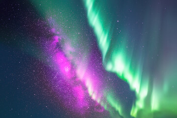Sticker - night starry sky. milky way and northern lights. green aurora borealis