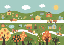 Farm Wall Poster With Farmhouses,hills, Animals, Garden, Trees, Car, Chicken Coop.