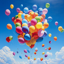A Kaleidoscope Of Vibrant Balloons Soaring Through A Clear, Azure Sky, Radiating A Sense Of Joy And Celebration