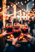 People At The Christmas Market With Mulled Wine In Their Hands. Generative AI,