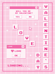 Poster - Valentine's Day poster with retro buttons and message pop-ups. Old computer aesthetic. Vector illustration