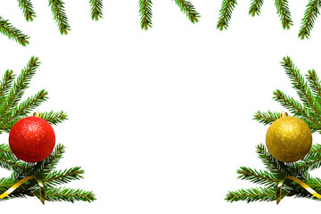 Wall Mural - christmas tree branches with red and gold balls in png isolated on transparent background, frame