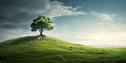 Wall Mural - Solitary oak trees at sunset in rural landscape. Vivid countryside. Single tree in lush meadow. Idyllic summer evening in grassy field