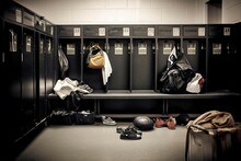 Empty Sport Locker Room. Clothing And Shoes In Dressing Gym Room. Generate Ai