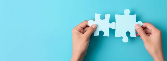 Poster - Hands with white puzzle on blue background banner. Teamwork connection and problem solving strategy. Generate ai