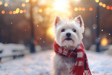 Cute Fluffy White Dog Wearing Funny Knitted Scarf In Snowy Winter Park On Sunny Evening.