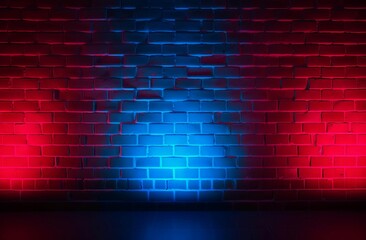 Aufkleber - Neon blue red brick wall big lights. Glowing night space interior electric. Generate AI