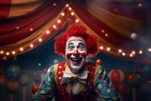 Cheerful Clown Wearing Funny Colorful Clothes And A Hat On A Backdrop Of Circus Tent.
