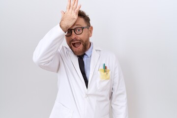 Poster - Middle age doctor man with beard wearing white coat surprised with hand on head for mistake, remember error. forgot, bad memory concept.