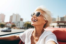 Happy Woman Enjoying Summer Road Trip In US, Wealth And Freedom Lifestyle, Luxury Cabrio Adventure