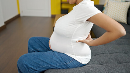 Wall Mural - Young pregnant woman suffering for backache sitting on sofa at home