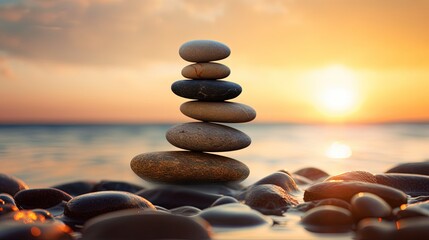 Wall Mural - Balanced pebble pyramid silhouette on the beach on sunset. Selective focus Abstract bokeh with Sea on the background. Zen stones on the sea beach, meditation, spa, harmony, calmness, balance concept.