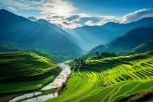 Beautiful Rice Terrace Landscape In Mu Cang Chai, Yen Bai, Vietnam. Generative AI