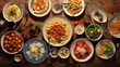Top of view full table of italian meals on plates and pan. Pizza pasta risotto soup and fish vegetable salad.