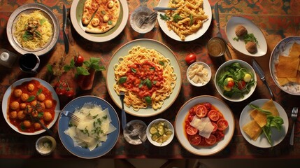 Poster - Top of view full table of italian meals on plates and pan. Pizza pasta risotto soup and fish vegetable salad.