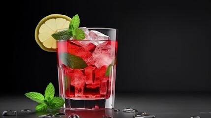 Poster - Iced fruit tea or cold watermelon drink in clear glass with mint leaf. Refreshing summer drink. Grey background, copy space.