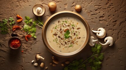 Poster - Mushroom soup with dried porcini mushrooms, bay leaf and pepper on rustic table texture background. View from above.