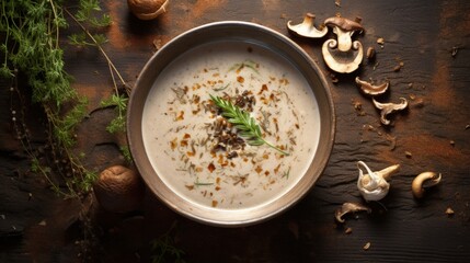 Poster - Mushroom soup with dried porcini mushrooms, bay leaf and pepper on rustic table texture background. View from above.
