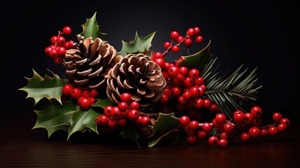 Fototapete - Christmas decoration of holly berry and pine cone