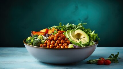 Poster - Buddha bowl salad with baked sweet potatoes, chickpeas, broccoli, tomatoes, greens, avocado, pea sprouts on light blue background with napkin. Healthy vegan food, clean eating, dieting, close up