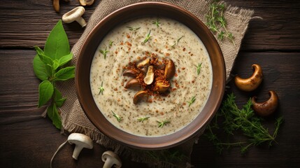 Poster - Mushroom soup with dried porcini mushrooms, bay leaf and pepper on rustic table texture background. View from above.