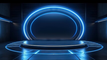 Aufkleber - Neon Glowing Circle Empty Stage Laser Beams Studio Lights Dark Sci Fi Futuristic Retro Concrete Spaceship Garage Showcase Blue 3D Rendering Illustration