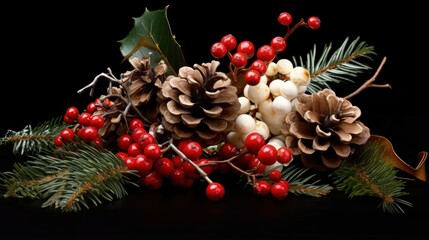 Fototapete - Christmas decoration of holly berry and pine cone