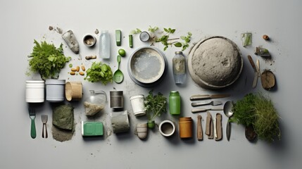 Poster - Recycling and ecology concept. Sorting household waste captured from above, flat lay. Grey concrete background