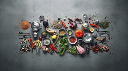 Poster - Recycling and ecology concept. Sorting household waste captured from above, flat lay. Grey concrete background